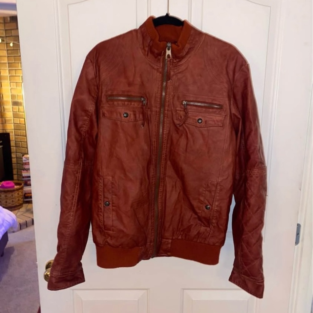 Rust Faux Leather Moto Bomber Jacket (Dry Laundry Tokyo, Size M)